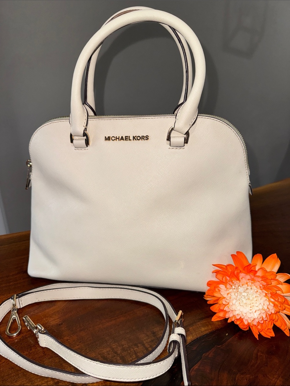 Michael Kors White Saffiano Dome Satchel with Strap